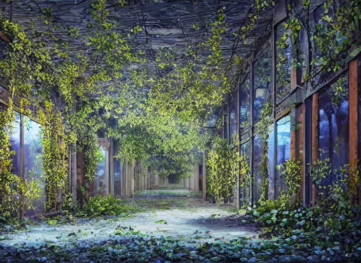 Image similar to trees growing in an abandoned shopping mall, overgrown by flower, vines, at night, blue moonlight, hyperrealistic, highly detailed, oil painting, intricate, cgsociety, artstation, 8 k, cinematic, muted colors, soft lighting, smooth, sharp focus