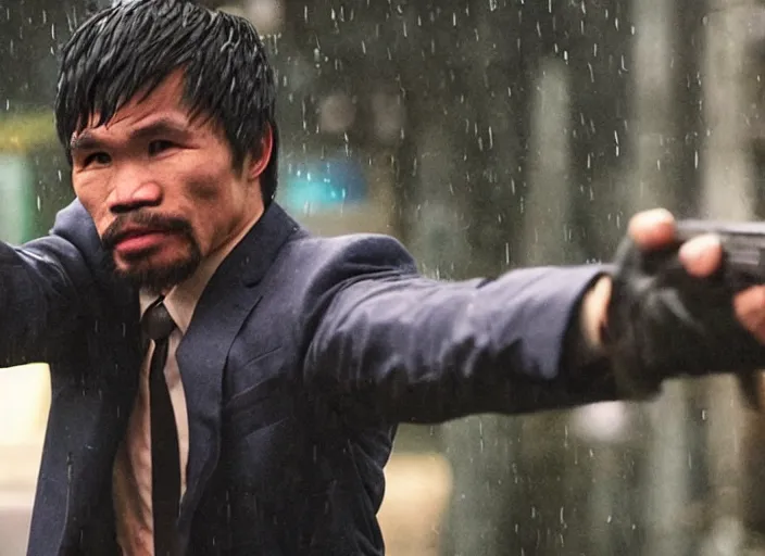 Prompt: film still of manny pacquiao, wearing a suit, holding a gun, dodging a bullet in slow - motion, outside in the rain, in the new matrix movie, 8 k, highly detailed face, dark glasses