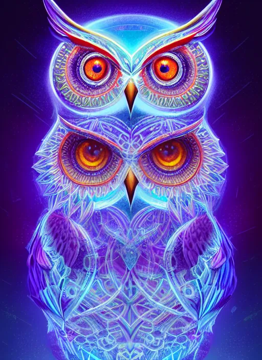 Image similar to symmetry!! product render poster vivid colors divine proportion owl, ice and snow, glowing fog intricate, elegant, highly detailed, digital painting, artstation, concept art, smooth, sharp focus, illustration,