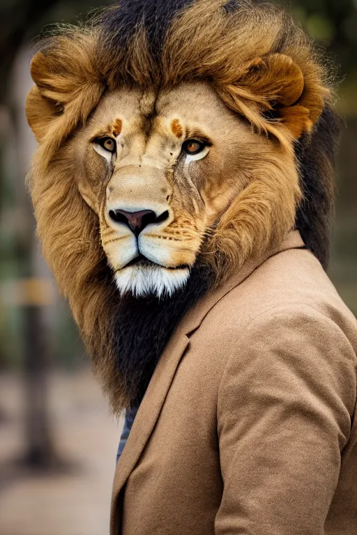 Prompt: Man with a head of a lion in jacket, XF IQ4, 150MP, 50mm, f/1.4, ISO 200, 1/160s, natural light, Adobe Photoshop, Adobe Lightroom, DxO Photolab, polarizing filter, Sense of Depth, AI enhanced, HDR