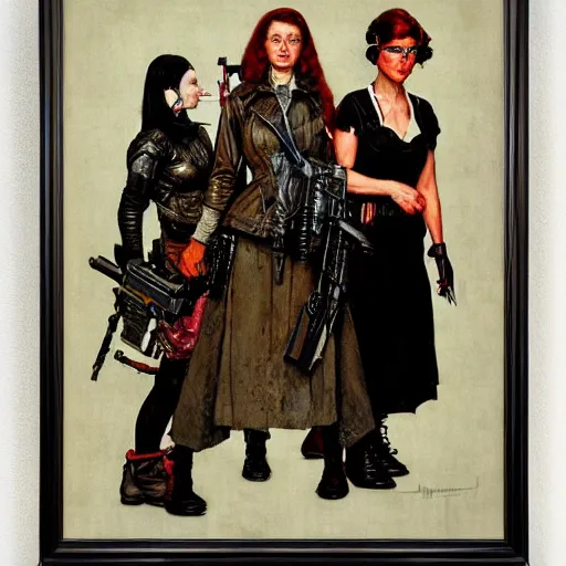 Image similar to portrait of three cyberpunk female outlaws, by norman rockwell