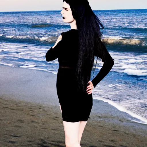 Image similar to pale goth girl with black hair annoyed on the beach