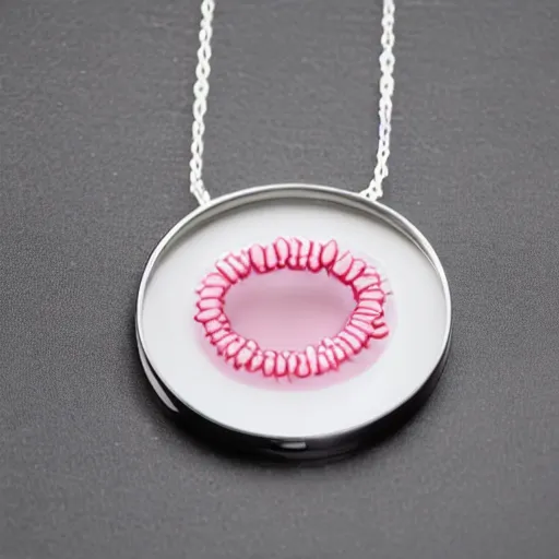 Image similar to bacteria necklace, white mink with big pink neck circle of chromosomes and bacteria matte art cg hd 8k starring at camera symmetrical mink face bacteria chromosomes matte portrait photo cute