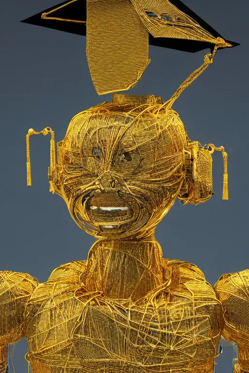 Image similar to a portrait of a graduating extremely detailed beautiful robot lots of complex gold wires and connections and wearing a highly detailed black graduation hat, realism. concept art. unreal engine 5, f / 1. 8, v - ray, ultra hd, 8 k, graduation photo, atmospheric beautiful background and beautiful lighting