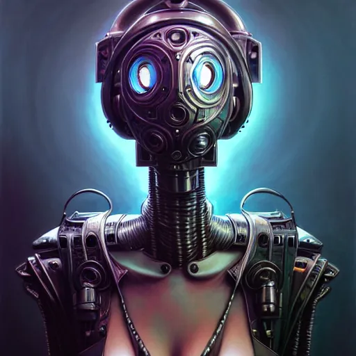 Image similar to low angle shot of a cyberpunk gazmask robot character, intricate, elegant, highly detailed, centered, digital painting, artstation, concept art, front shot, smooth, sharp focus, illustration, artgerm, Tomasz Alen Kopera, Peter Mohrbacher, donato giancola, Joseph Christian Leyendecker, WLOP, Boris Vallejo