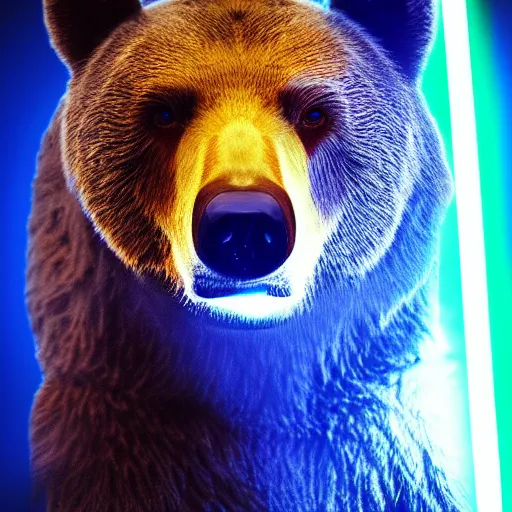 Image similar to portrait photo of bear as a jedi, blue and yellow lighting, dark, cinematic, high quality, 4 k