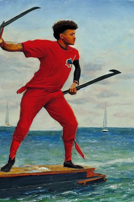 Image similar to patrick mahomes holding a whaling harpoon, the harpoon is sharp, he's on an old sailing boat, oil painting