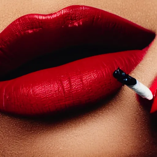 Prompt: woman smoking a cigarette, ( red lipstick ), lips on cigarette, puckering, smoke, close up