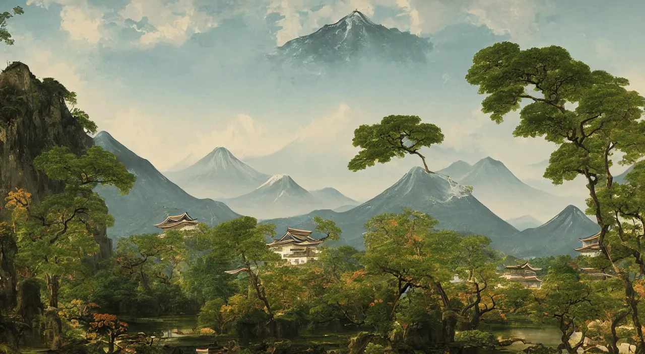 Prompt: a painting of a Japanese castle, with a garden as foreground, with mountains as background, by Thomas Cole