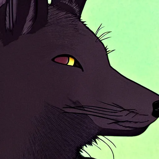 Image similar to close up of an anthro male black fox furry wearing an elegant suit, Studio Ghibli style, modern anime art