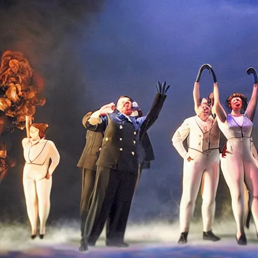 Image similar to award winning Production photo of the Hindenburg disaster the musical on broadway, dancing, singing, costumes by Julie Taymor, set design by Julie Taymor