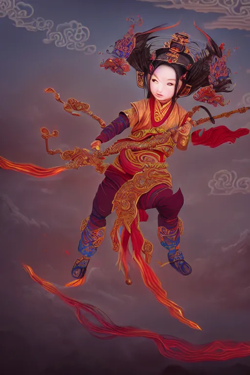 Image similar to nezha flies around swiftly on his wind flame circles in ruin chinese city, masterpiece, chinese mythology, top view, cinematic, fantasy character portrait, highly detailed, by new gods : nezha reborn, nezha : birth of the demon child, ne zha from smite, trending on artstation, concept art, flame everywhere,