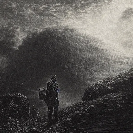 Image similar to apocalyptic landscape, soldier in gasmask, dark clouds, fire, dark, night, eerie, dystopian, city, end times, illustration by Gustave Doré