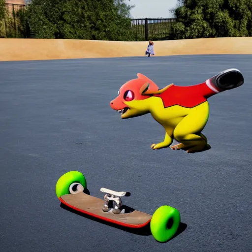 Image similar to Pickachu on a skateboard in a skatepark pixar style