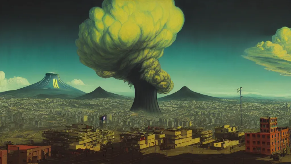 Image similar to Nuclear Fallout towering over the town of Quito by Simon Stålenhag and J.M.W. Turner, oil on canvas; Art Direction by Adam Adamowicz; 4K, 8K epic drone shots; Ultra-Realistic Depth Shading