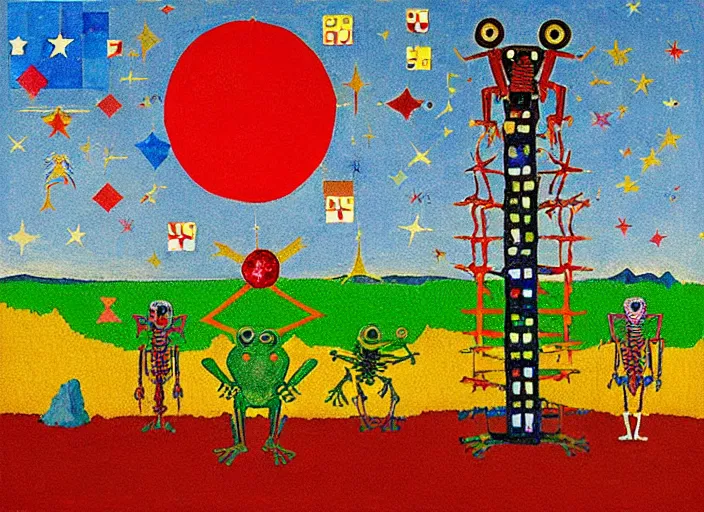 Image similar to pixel decollage painting tarot lovers card composition tower of babel road red armor maggot bear and wonky alien frog skeleton knight on a horse in a dark red cloudy night sky with golden foil jewish stars and diamonds, mountain lake and blossoming field in background, painted by Mark Rothko, Helen Frankenthaler, Danny Fox and Hilma af Klint, pixelated, neo expressionism, semi naive, pastel colors, cinematic, color field painting, cave painting, voxel, pop art look, outsider art, minimalistic. Bill Traylor painting, part by Philip Guston, Amano and Francis Bacon. art by Adrian Ghenie, very coherent symmetrical artwork, cinematic, hyper realism, high detail, octane render, unreal engine, Smooth gradients, depth of field, full body character drawing, extremely detailed, 8k, extreme detail, intricate detail, masterpiece