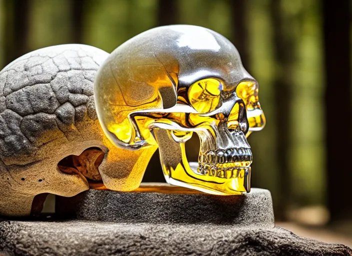 Image similar to crystal skull encased in a crystal box On a pedestal in ancient ruins in the forest. Highly detailed 8k. Intricate. Nikon d850 55mm. Award winning photography.