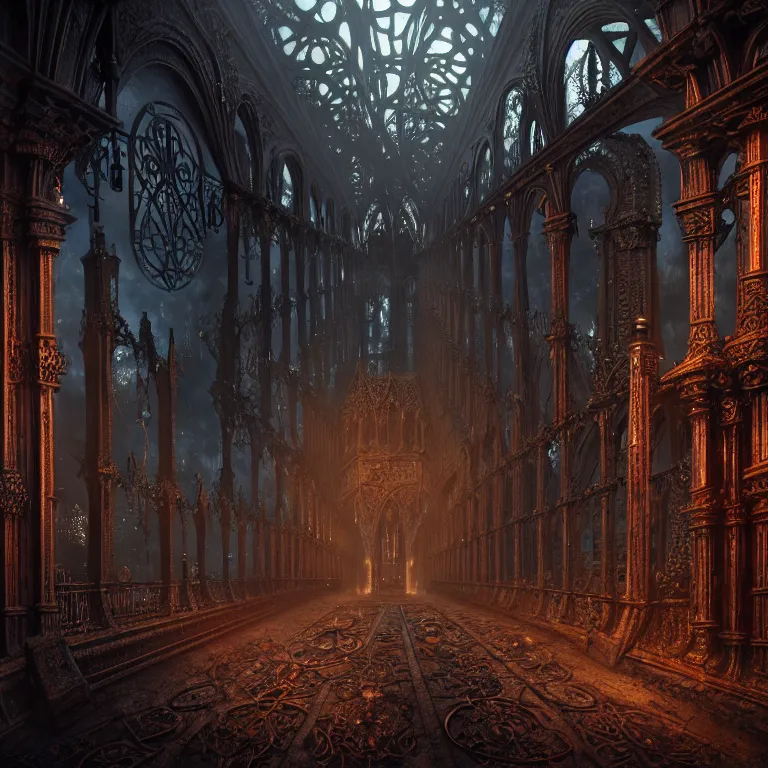 Image similar to steam necropolis, memento mori, gothic, neo - gothic, art nouveau, hyperdetailed copper patina medieval icon, stefan morrell, philippe druillet, ralph mcquarrie, concept art, steampunk, unreal engine, detailed intricate environment, octane render, moody atmospherics, volumetric lighting, ultrasharp, ominous, otherworldly