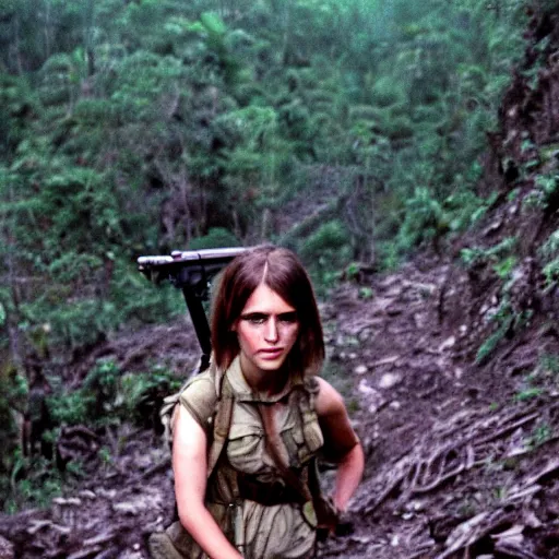 Prompt: film still, close up, portrait, emma watson soldier hiking through dense vietnam, associated press, award winning, film still from apocalypse now ( 1 9 7 9 ), 2 6 mm, kodak ektachrome, blue tint ektachrome film,