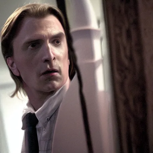 Image similar to arthas menethil as the american psycho, cinematic still