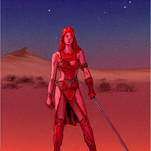 Image similar to warrior princess with red armor in the desert by night, moebius, Jean Giraud, landscape, epic, artstation, dusk