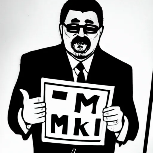 Prompt: a line - traced photograph of lalo alcaraz holding a sign that reads / i'm kwel! / mad magazine, line - drawing, black ink on white paper