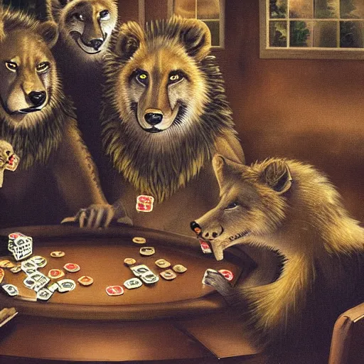 Image similar to a gang of lions, wolves and raccoons playing poker at night