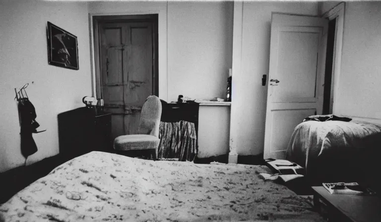 Image similar to A bedroom designed by William Burroughs, 35mm film, long shot