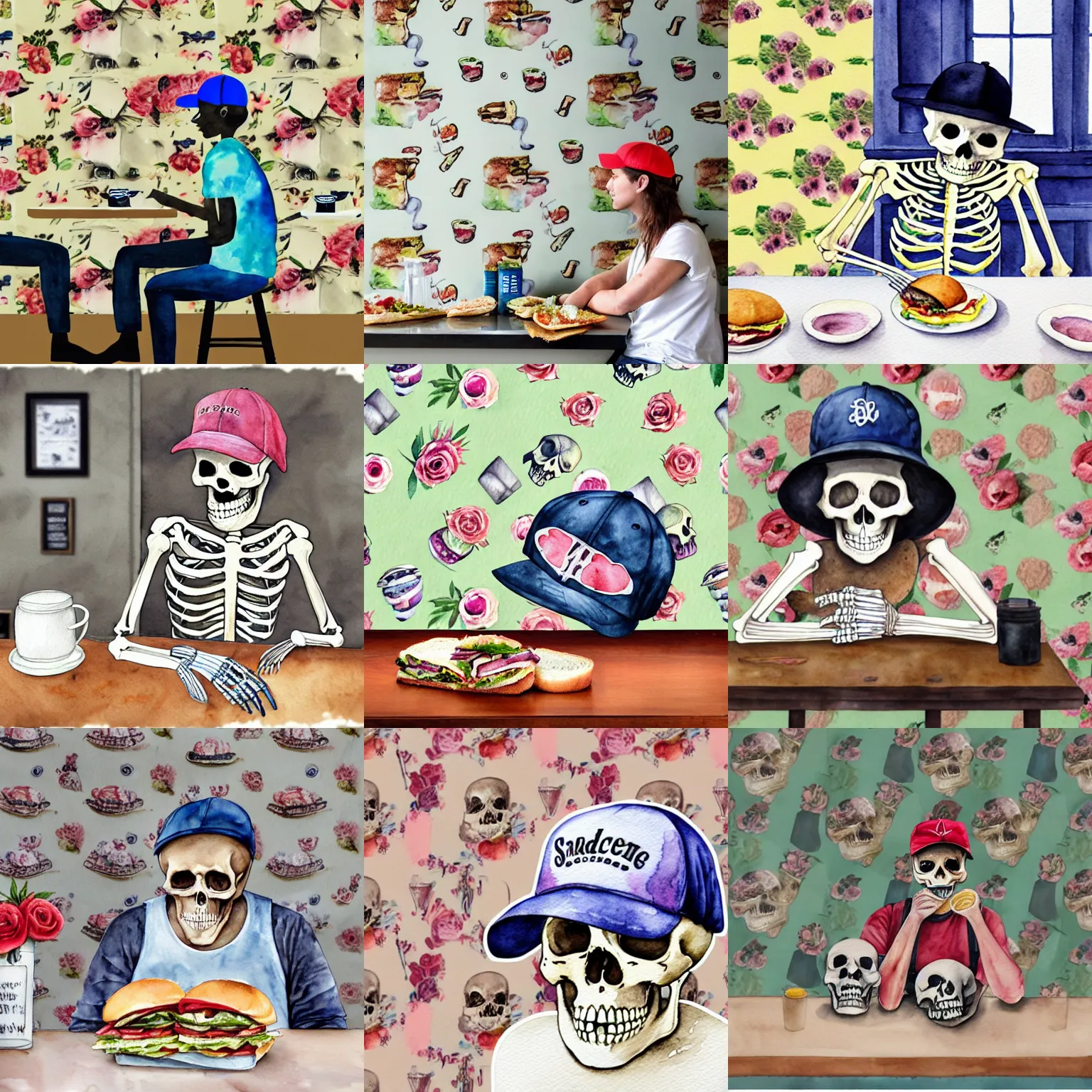 Prompt: watercolor at an eye level view of skeleton, from left hand side, wearing a baseball cap backwards, sitting at the counter of a cafe, holding a sandwiched biting into a sandwiche. in the background is floral wallpaper with iridescent and floral theme.
