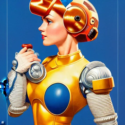 Prompt: head and shoulders portrait of a female Megaman, illustration, medium shot, intricate, elegant, highly detailed, digital art, ffffound, art by gil elvgren and JC Leyendecker and sachin teng