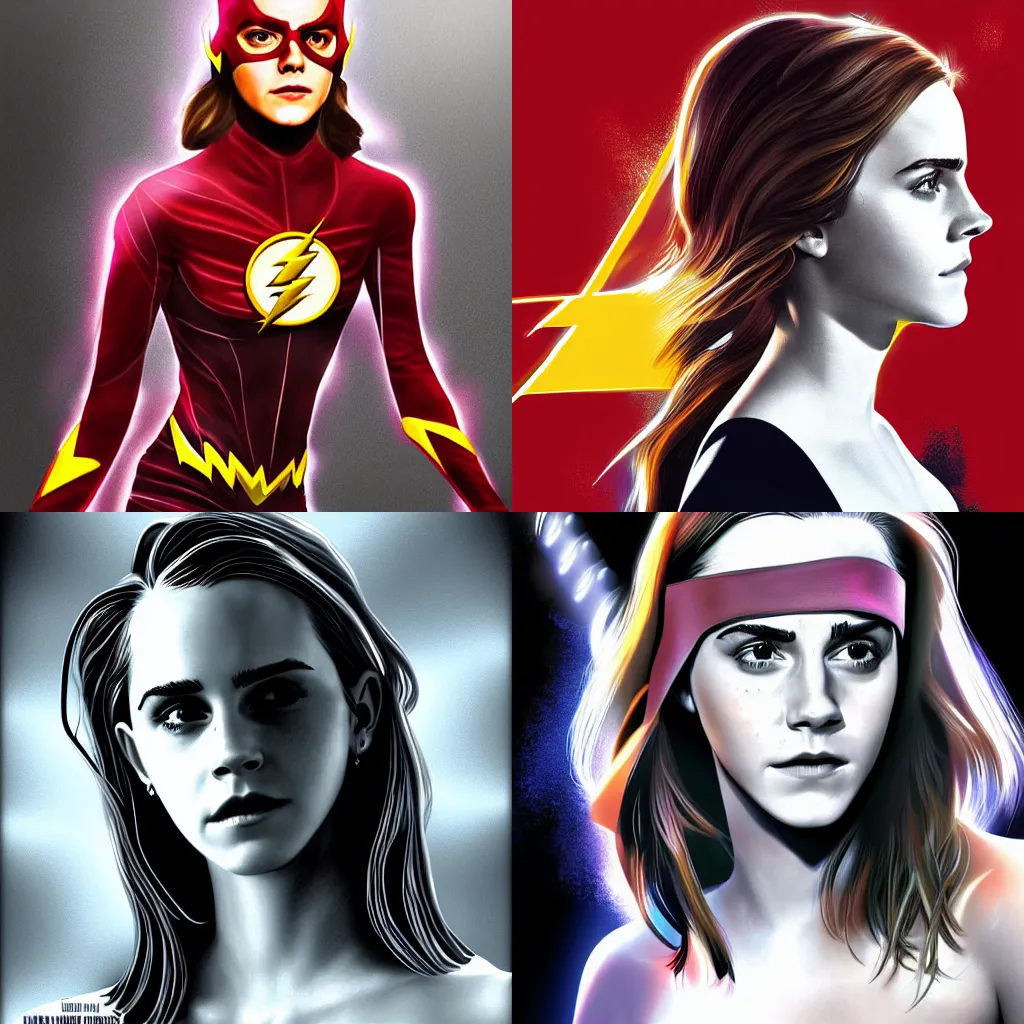 Prompt: Emma Watson as The Flash, digital painting, digital art by alex ross