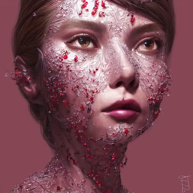 Prompt: studio portrait of absurdly beautiful, elegant, young woman made of rubies looking up, ultrafine hyperrealistic detailed face illustration by kim jung gi, irakli nadar, intricate linework, sharp focus, bright colors, matte, octopath traveler, final fantasy, unreal engine highly rendered, global illumination, radiant light, intricate environment