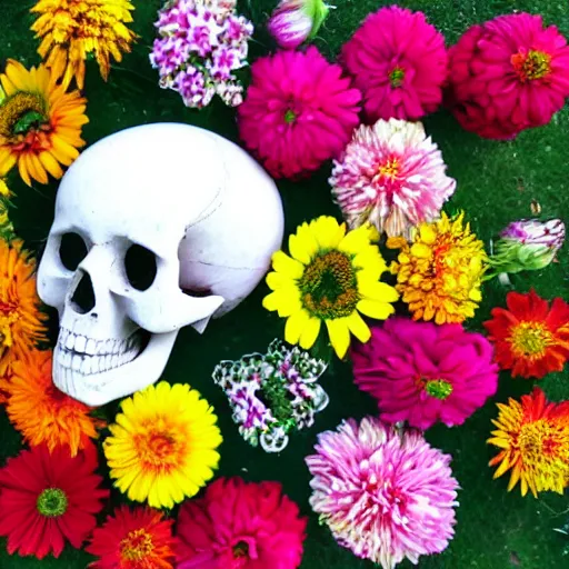 Prompt: flowers arranged in a skull shape