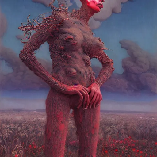 Image similar to A giant monster woman wearing clothes made out of thunder clouds and flowers red skin, mountains, Masterpiece, glowing, wires everywhere, by Edgar Maxence and Ross Tran, Zdzisław Beksiński, and Michael Whelan, distant, gustav dore, H.R. Giger, 8k, octane render