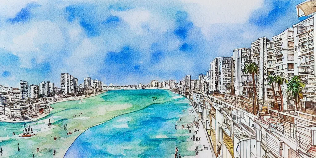 Prompt: tel aviv shoreline. bauhaus style. buildings with balconies. highly detailed. pen drawing painted with watercolors. colorful. low buildings. palm trees. blue skies