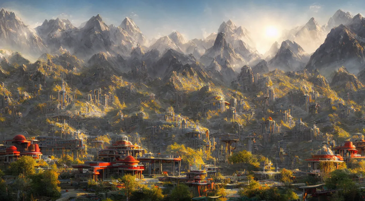 Prompt: futuristic sci-fi city under Kashmir mountains, mosques made of wood in ornate style, and hill valley grec greeble glory island little wood bridge painting of tower, maple with red leaves, and cottages ivy plant in marble late afternoon light, wispy clouds in a blue sky, by frank lloyd wright and greg rutkowski and ruan jia