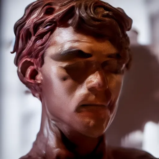 Prompt: a bust of tom holland made of chocolate, sitting on a table