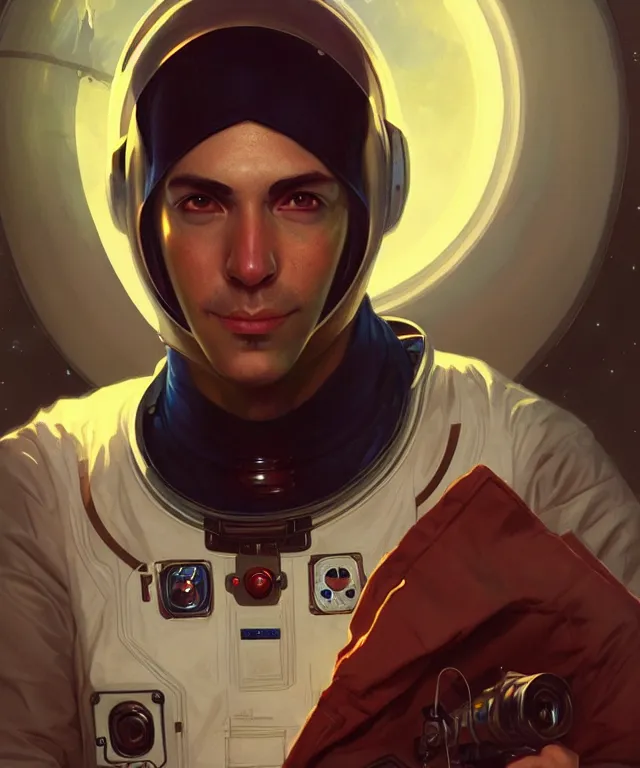 Image similar to Hacker man spaceman portrait, highly detailed, digital painting, artstation, concept art, smooth, sharp focus, illustration, art by artgerm and greg rutkowski and alphonse mucha