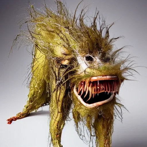 Image similar to a very strange creature made of cronenberg schmutz and drips, mucus, hairy, skin parts, fuzzy disgusting teeth, saliva nasty