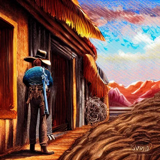 Image similar to A detailed digital art painting of a man in the wild west, weird west, award, dark scenery, spaghetti western