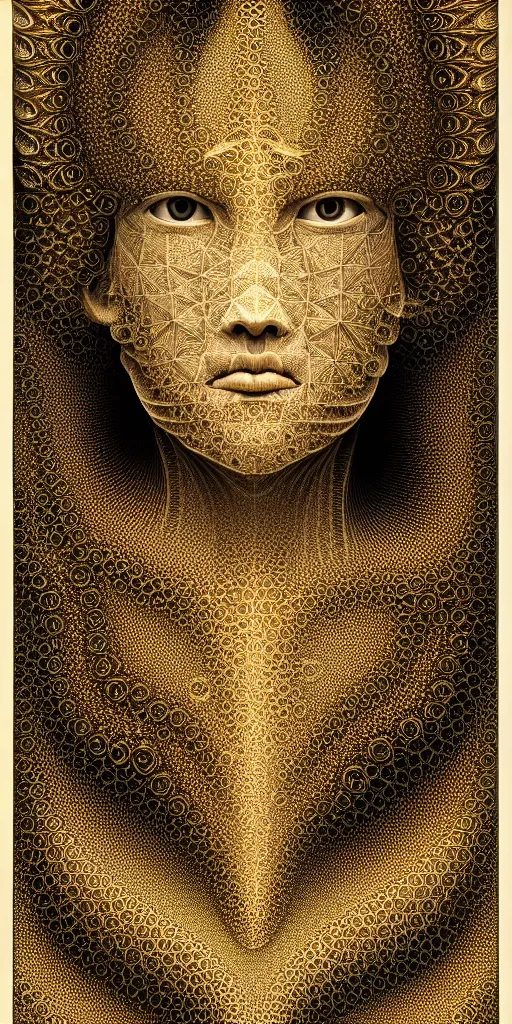 Image similar to hyper detailed ultra sharp of a beautiful fractal face. trending on artstation, golden, delicate, facing camera, hyper realism, 1 4 5 0, engraving, ultra realistic, 8 k