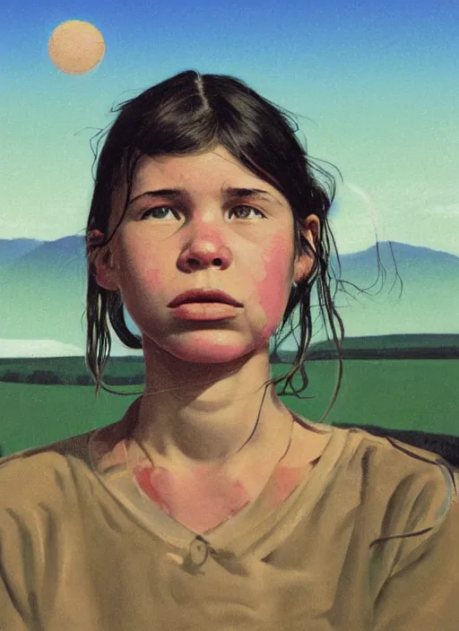 Prompt: composition by justine kurland, an extreme up - close portrait of a girl looking slightly down to the rigjt in a scenic representation of mother nature and the meaning of life by billy childish, thick visible brush strokes, shadowy landscape painting in the background by beal gifford, vintage postcard illustration, minimalist cover art by mitchell hooks