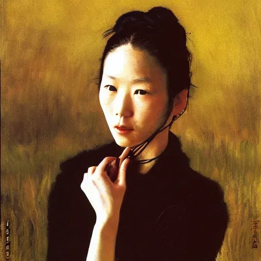 Prompt: a stunning masterful portrait of a confident tokyo woman with braided hair by andrew wyeth, john singer sargent, and norman rockwell, natural light, oil painting, ethereal, wong kar wai, strong brushwork