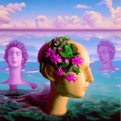 Prompt: a surreal vaporwave vaporwave vaporwave vaporwave vaporwave painting by Thomas Cole of an old pink mannequin head with flowers growing out, sinking underwater, highly detailed