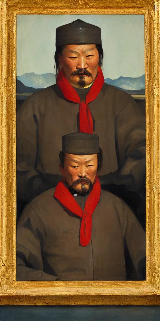 Image similar to a stunning and noble highly detailed portrait of genghis khan by edward hopper, trending on artstation, oil painting masterpiece, symmetry, mysterious, very very very aesthetic