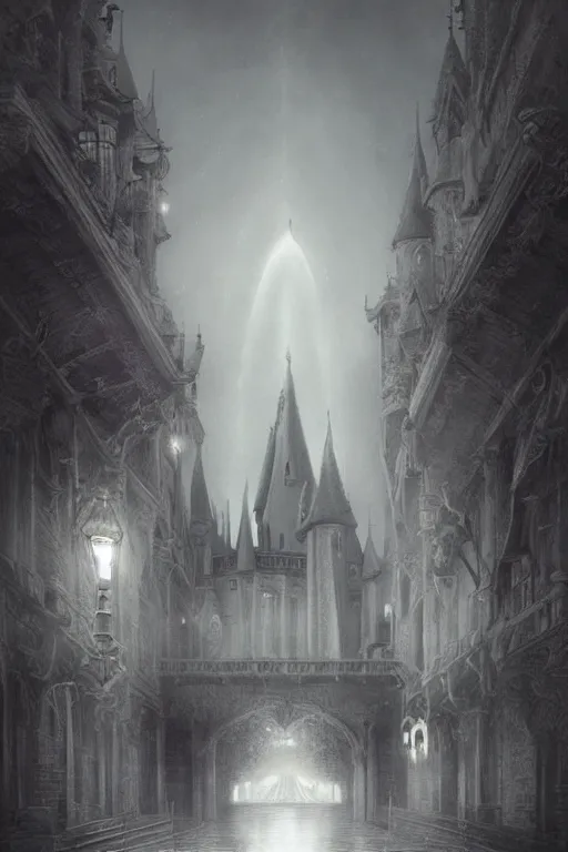 Prompt: By Tom Bagshaw, ultra realist soft painting of a castle court by night, centered fading Kpop female artist fully dressed, horror, omnious sky, symmetry accurate features, very intricate details, black and white, fading rainbow light, volumetric light clouds, artstation, 8K