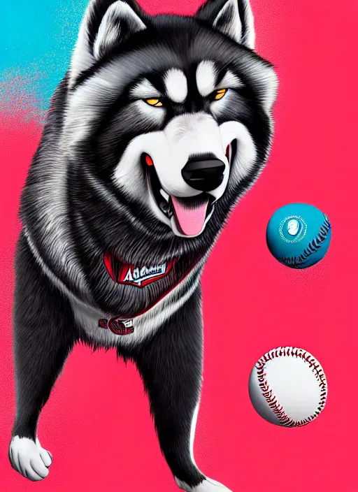 Image similar to commissioned full body portrait of a male anthro aslakan malamute with red fur playing baseball in a baseball stadium wearing a baseball uniform, by Kilian Eng, by Sandra Chevrier, trending on artstation