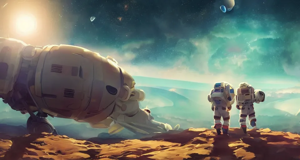 Prompt: astroneer chasing a distant spaceship Anime, wide angle, fine details, cinematic. galaxy starscape. realistic shaded lighting by Ilya Kuvshinov Giuseppe Dangelico Pino and Michael Garmash and Rob Rey greg rutkowski, octane render, IAMAG premiere, aaaa achievement collection, elegant freckles, cinematic hologram, fabulous, daily deviation, 4k, 8k, annual award winner