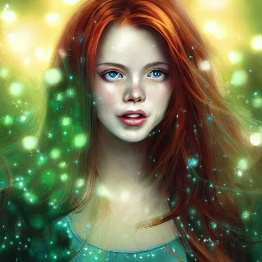 Image similar to highly detailed sharp wallpaper portrait of a red haired girl softly smiling among fireflies, with long hair, green eyes, round face, hint of freckles, intricate details, dramatic light, golden ratio, hyper realistic digital art