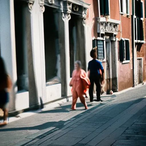 Image similar to portra 800 street photography in Venice a subject is blurry because it's in motion